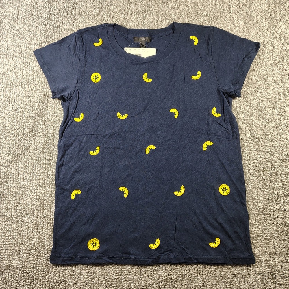 J.Crew T-Shirt Navy Blue Lemon Sequin Embroidered Fruitcore Women XL